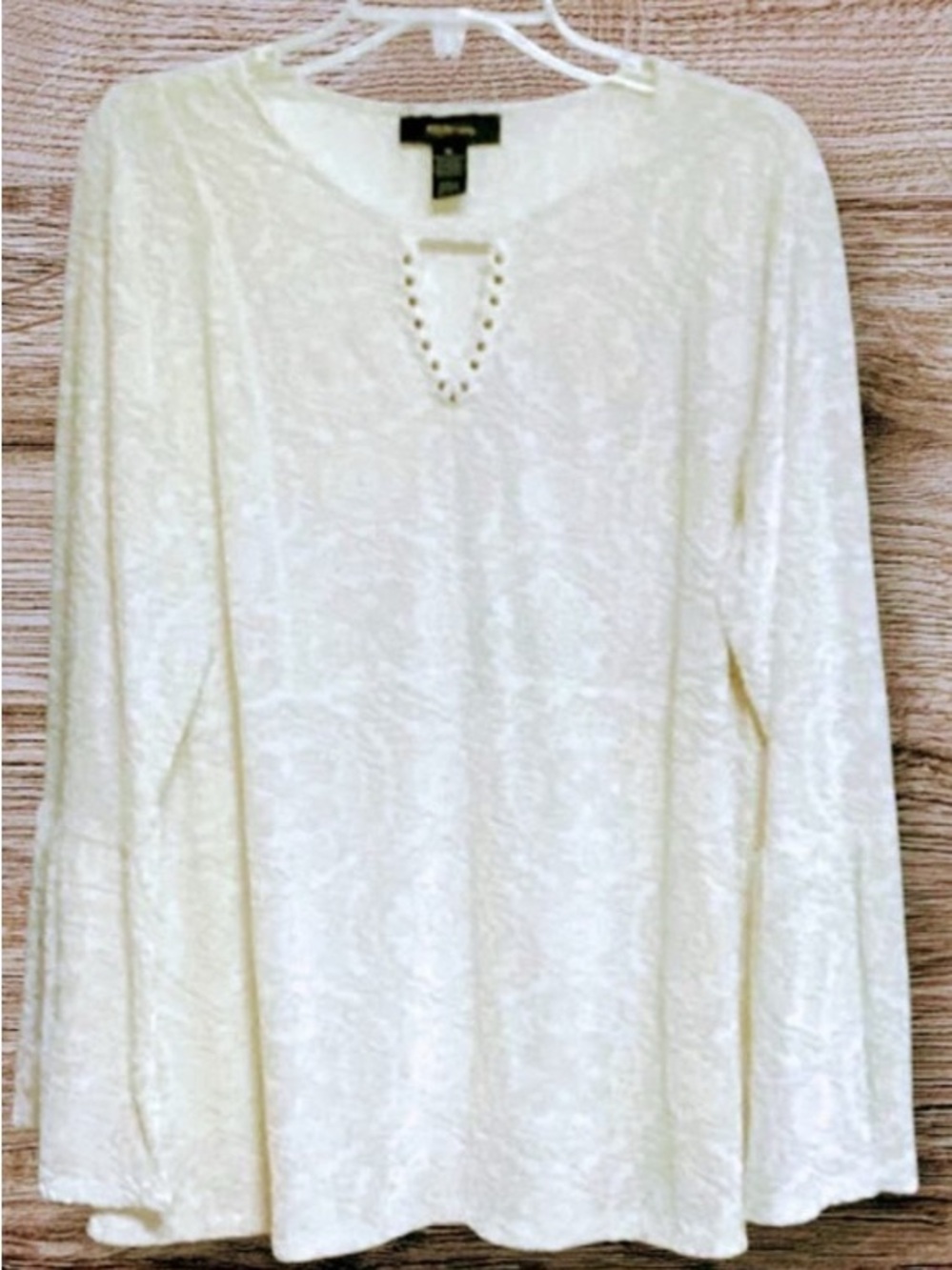 Style & Co. Cream Long-Sleeve Top with Studded V-Keyhole